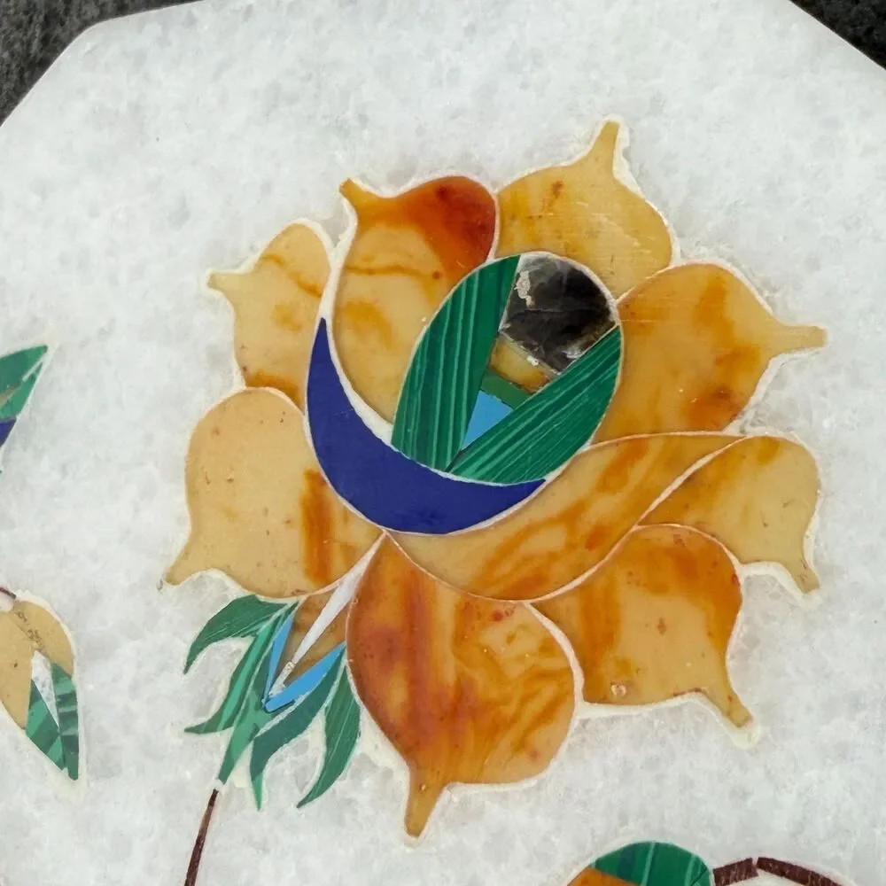 TWO (2) Handmade White Stone Tiles Coasters Inlaid Lapis Pietradura Floral 4